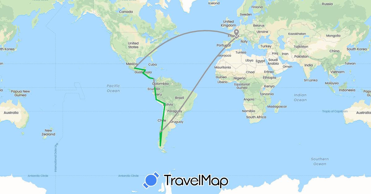 TravelMap itinerary: bus, plane in Bolivia, Belize, Chile, Costa Rica, Ecuador, France, Guatemala, Mexico, Panama, Peru (Europe, North America, South America)